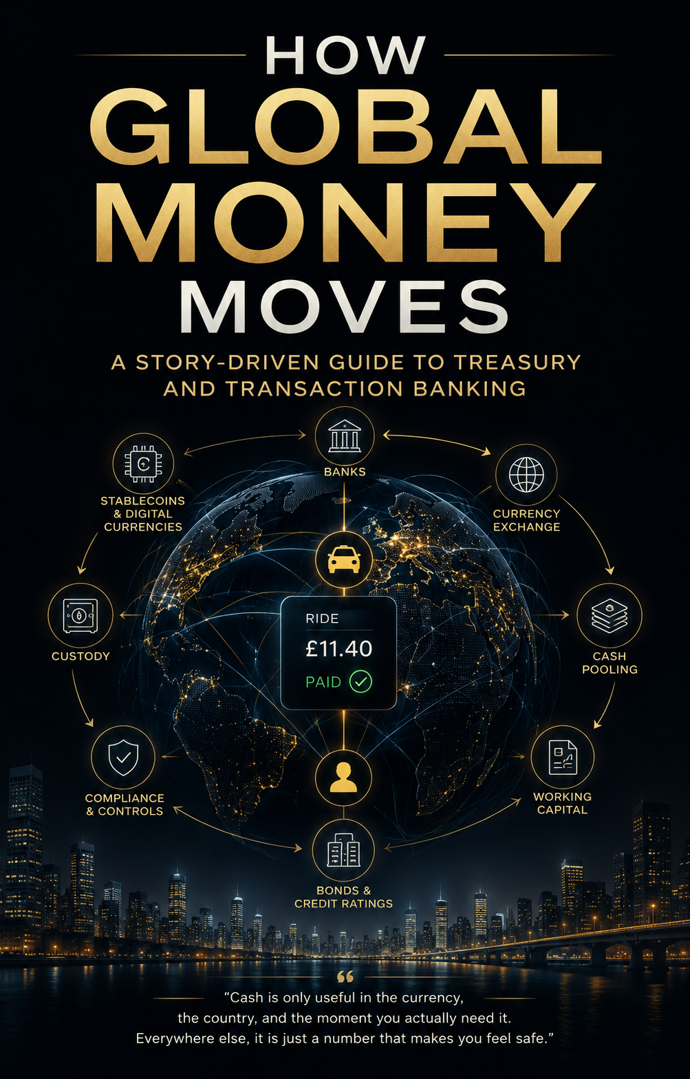 How Global Money Moves book art: a dark globe wired with golden payment flows, one £11.40 ride at the center