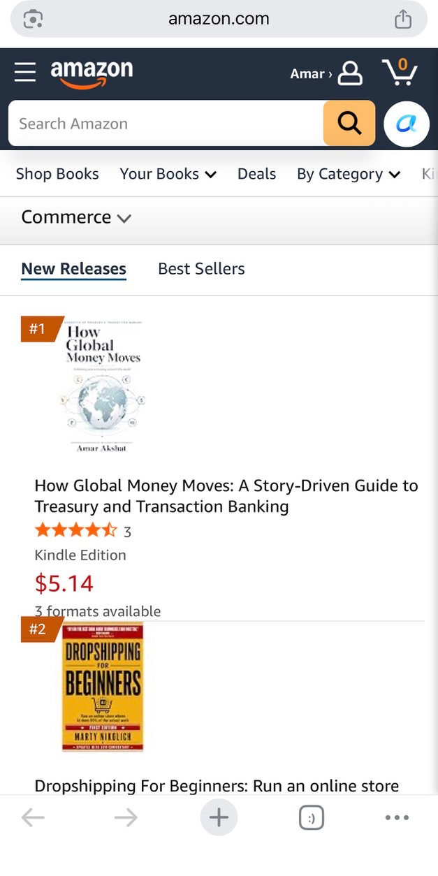 Amazon New Releases screenshot: How Global Money Moves ranked number 1 in the Commerce category, ahead of Dropshipping For Beginners at number 2
